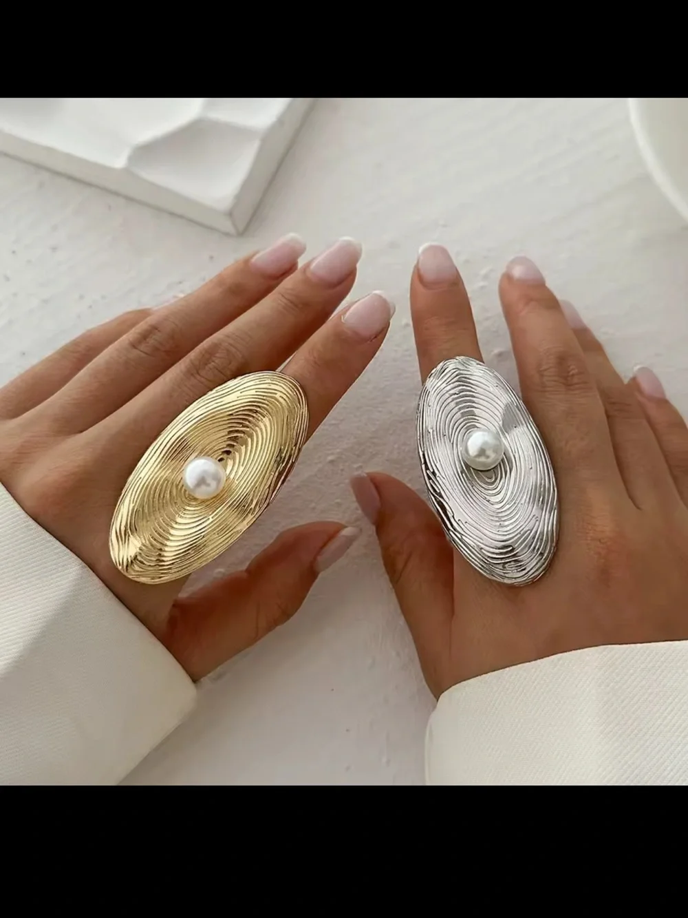Gold Oval Textured Ring with Pearl Accent